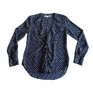 Veronica Beard 100% Silk Lotus Print Ruffle Front V Neck NAvy Button Up Blouse 2